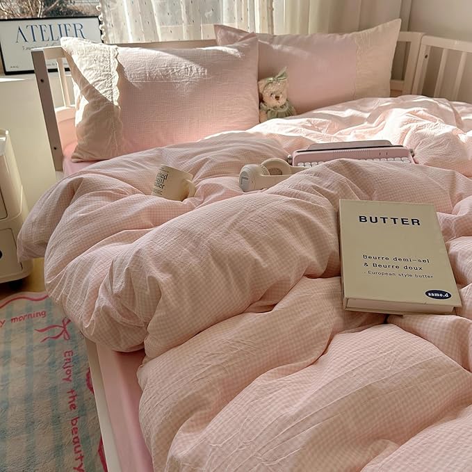 LifeTB Pink Gingham Duvet Cover King Size 3 Pieces Romantic Lace Duvet Cover Pink Plaid Checkered Comforter Cover with 2 Pillowcases Soft Breathable Microfiber Grid Farmhouse Plaid Bedding Set