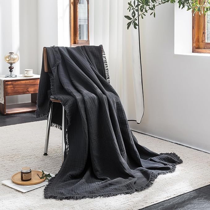 FOSSA Muslin Blanket with Fringe - 4-Layer 100% Cotton Gauze Super Soft & Breathable Throw -Lightweight Decorative Cooling Blanket for Bed, Sofa, Office -Throw XL Size 70" x 50" (Dark Gray)