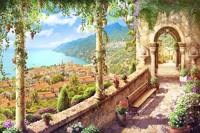 Beautiful Castle Wall Mural Overlooking The Forest and Mountains by The Lake, Italian Style Wallpaper for Interior Wall Decoration（Not Peel and Stick）