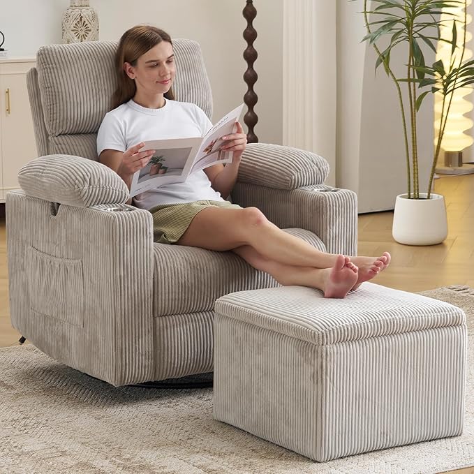 Oversized Power Recliner Chair Swivel Glider with Massage and Heat, Swivel Rocker Recliner with Adjustable Armrests, 26" Wide Nursery Chair with Storage Ottoman, Rocker Nursery Recliner,Corduroy Grey