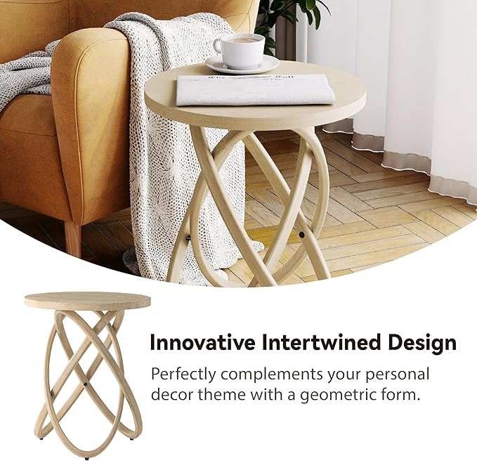 Round End Table Farmhouse Wood Side Table Rustic Plant Stand with Intertwined Line Design for Living Room, Office, Light Wood Color