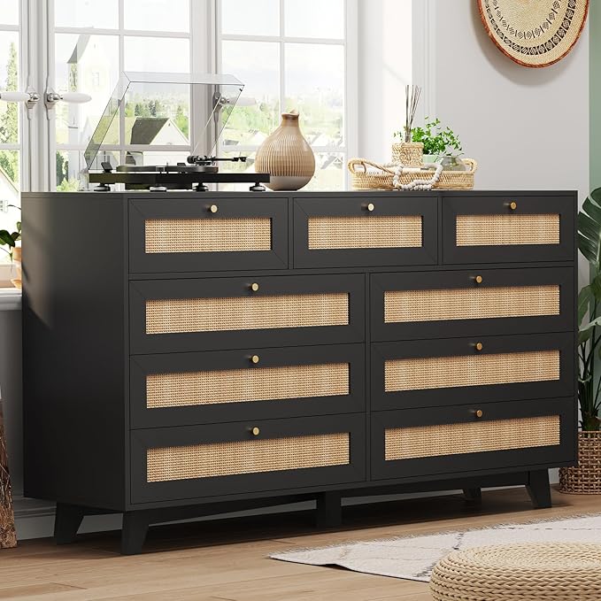 AOGLLATI Black Rattan Dresser for Bedroom with 9 Drawer, Modern Double Wooden Long Bedroom Dresser, Chest of Drawers with Metal Handle & Solid Wood Legs for Bedroom/Living Room, Black