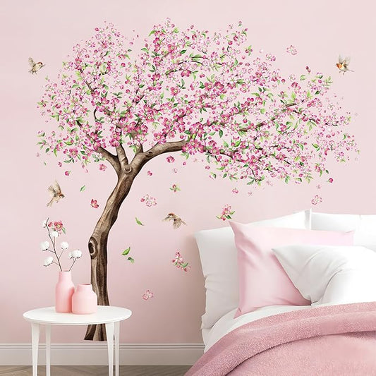 Tanlaby Large Cherry Blossom Tree Wall Decals Pink Peach Flower Tree Wall Stickers with Birds Peel and Stick Spring Wall Art Decor for Girls Kids Bedroom Nursery Living Room TV Decor