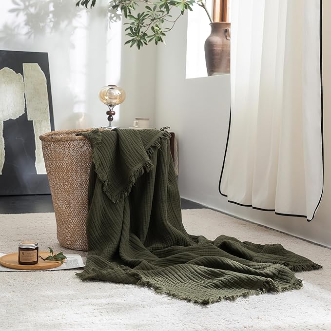FOSSA Muslin Blanket with Fringe - 4-Layer 100% Cotton Gauze Super Soft & Breathable Throw -Lightweight Decorative Cooling Blanket for Bed, Sofa, Office -Throw XL Size 70" x 50" (Olive Green)