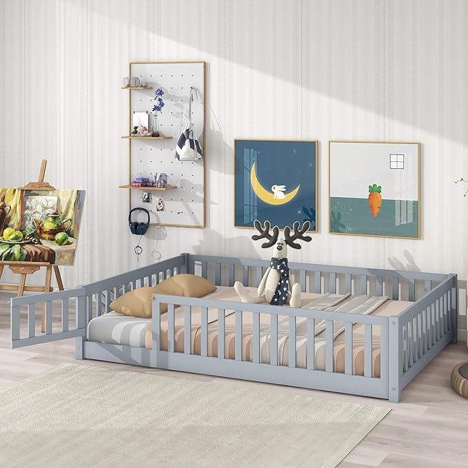 Ball & Cast Full Size Montessori Floor Bed,Wooden Floor Bed Frame with Wood Slats,Montessori Toddler Bedframe W/Door and Safety Guardrails for Girls Boys,Bedroom,Playroom,No Box Spring Needed,Grey