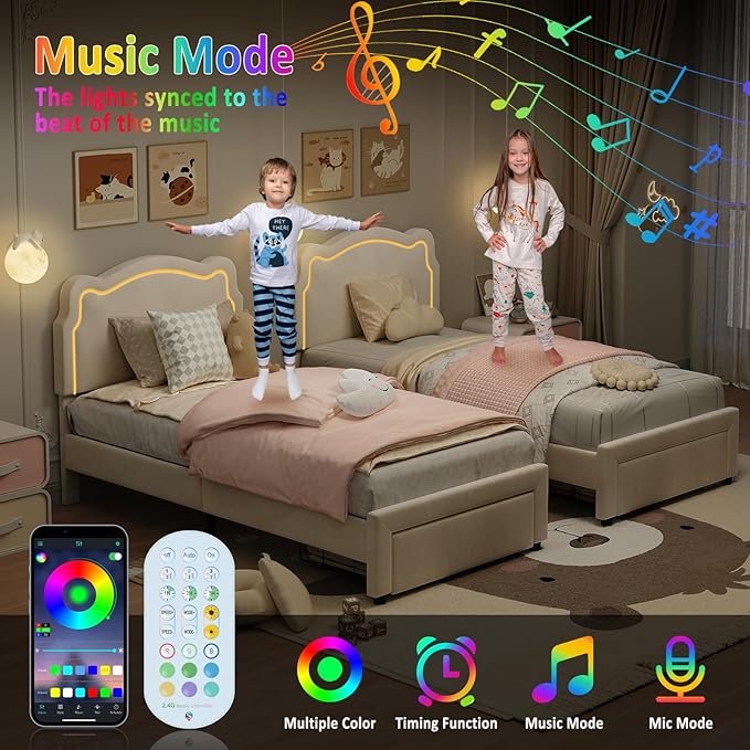 GarveeHome Twin Upholstered Smart LED Bed Frame with Headboard and LED, Velvet Princess Platform Bed Frame, Wooden Slats Support, No Box Spring Needed (Beige with Drawer, Twin)