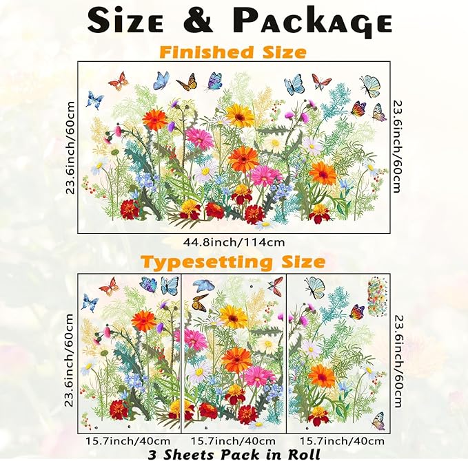 Colorful Floral Wall Stickers Flowers Daisy Butterfly Wall Decals for Living Room, Vivid Flowers Vine Decor Posters Chrysanthemum Art Murals Removable Home Decorations Stickers