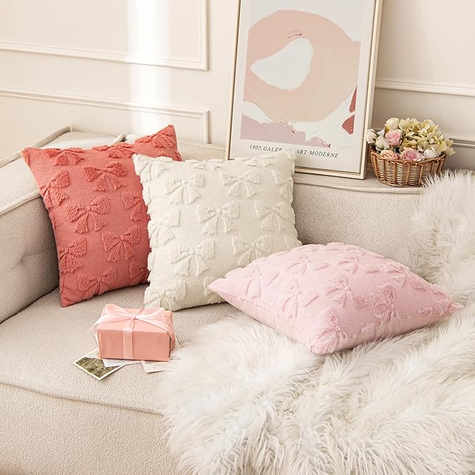MIULEE Coral Red Bow Pillow Covers Coquette Room Decor Aesthetic Set of 2 Decorative Cute Girl Throw Pillow Soft Plush Faux Pillowcase for Girl Bed Couch Sofa,18x18 Inch
