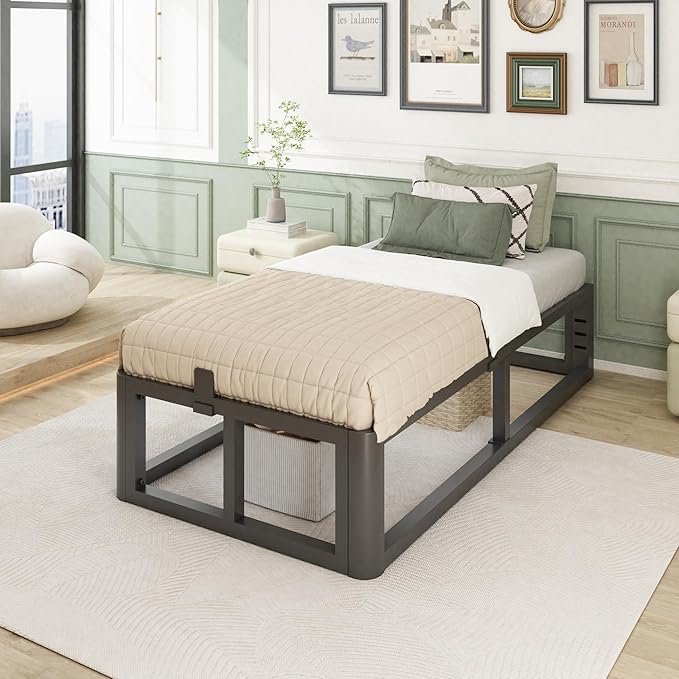 Metal Heavy Duty 14 inch Twin XL Bed Frame with Rounded Corner and Headboard Hole Mattress Retainers 3500 LBS No Box Spring Needed Platform Noise Free Easy Assembly