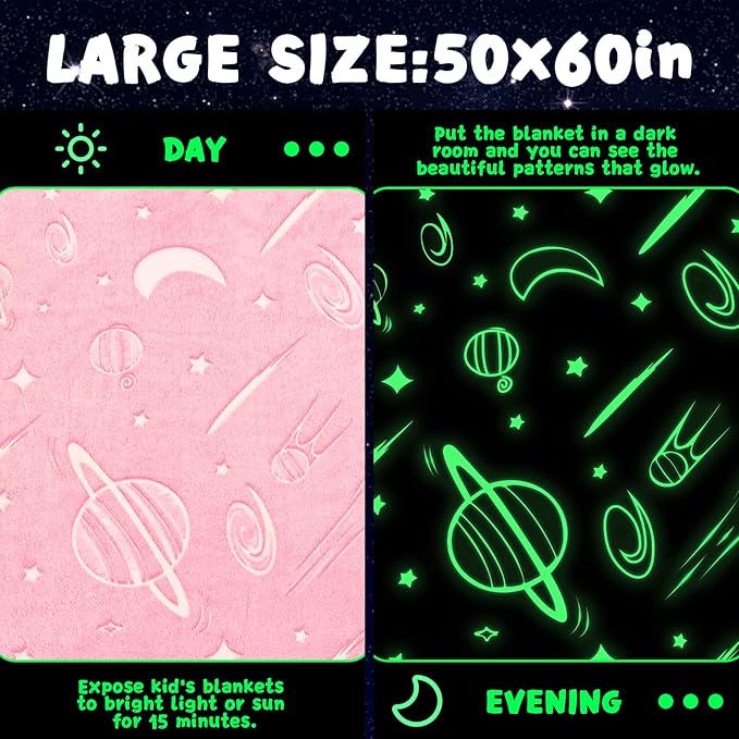 inhand Pink Blanket Girl Room Decor Glow in The Dark Blanket Soft Cute Space Star Moon Galaxy for Kids Birthday Gifts Planet Toys for 3,4,5,6,7,8,9,10,11,12 Years Old (50''x60'' Pink)