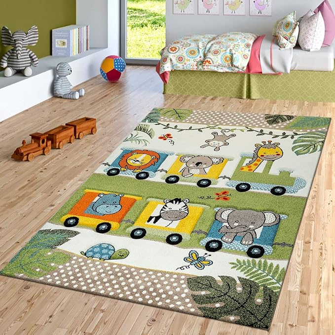 Paco Home Nursery Rug for Kids Cute Jungle Animals Locomotive 3D Effect Green Cream, Size: 3'11" x 5'7"