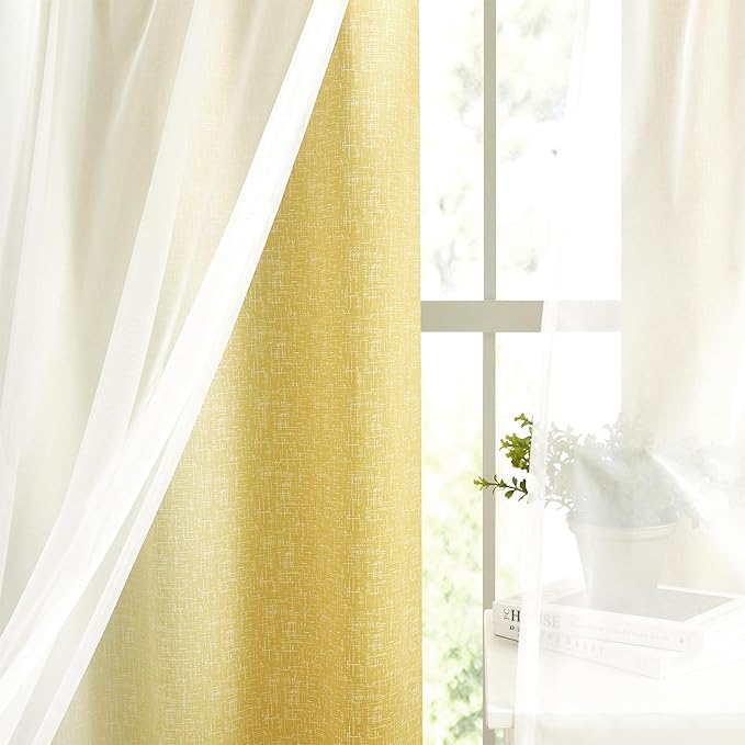 100% Blackout Curtains with Sheer Overlay Mix and Match Double Layer Drapes 54 Inch Length 2 Panels for Bedroom Living Room Yellow White Ombre Grommet Window Treatment with Tiebacks