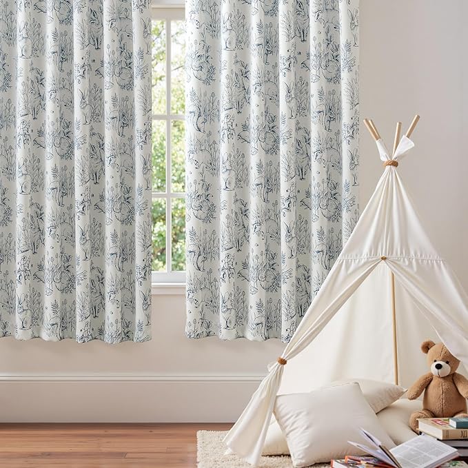 jinchan Blackout Nursery Curtains 72 Inches Long, Bunny Woodland Toile Curtains Blue on Beige Animal Printed Drapes for Bedroom Rod Pocket Thermal Insulated Farmhouse Window Treatment 2 Panels