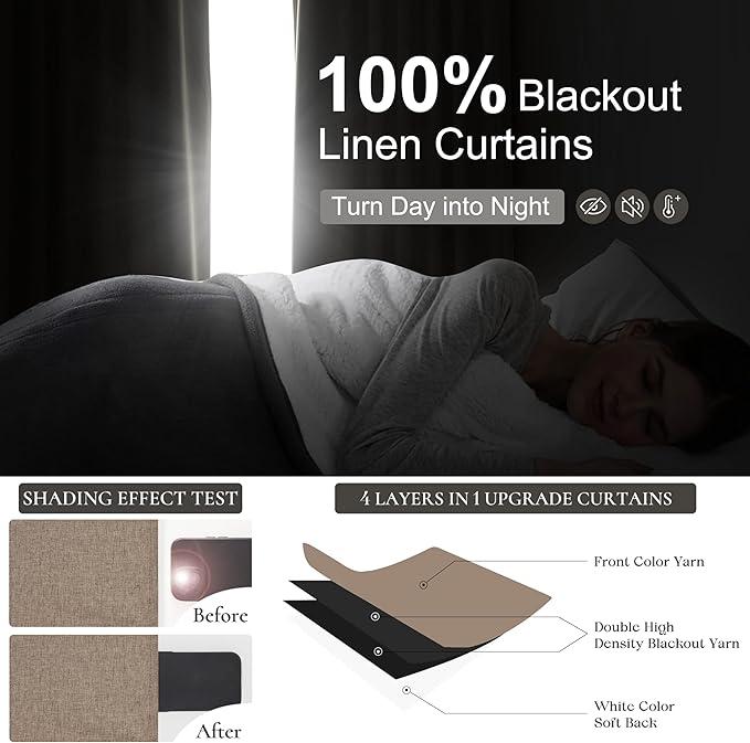 Dark Flax Black Out 96 Inch Long Boho Curtains 2 Panel Set, Farmhouse Curtain for Living Room Darkening/Thermal/Noise Reduction Textured Linen Drape 8ft Hook&Ring Included Chocolate 50"x96"