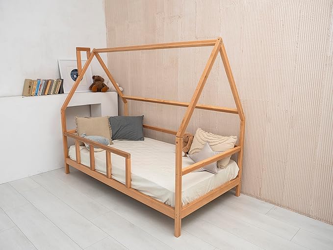 BUSY WOOD Montessori Bed for Toddlers - Cozy House Bed for Kids - Wooden Loft Toddler Bed Frame - House Bed Frame - Montessori Bed with Rails - Toddler Bedroom Furniture (Model 1, Legs and Slats)
