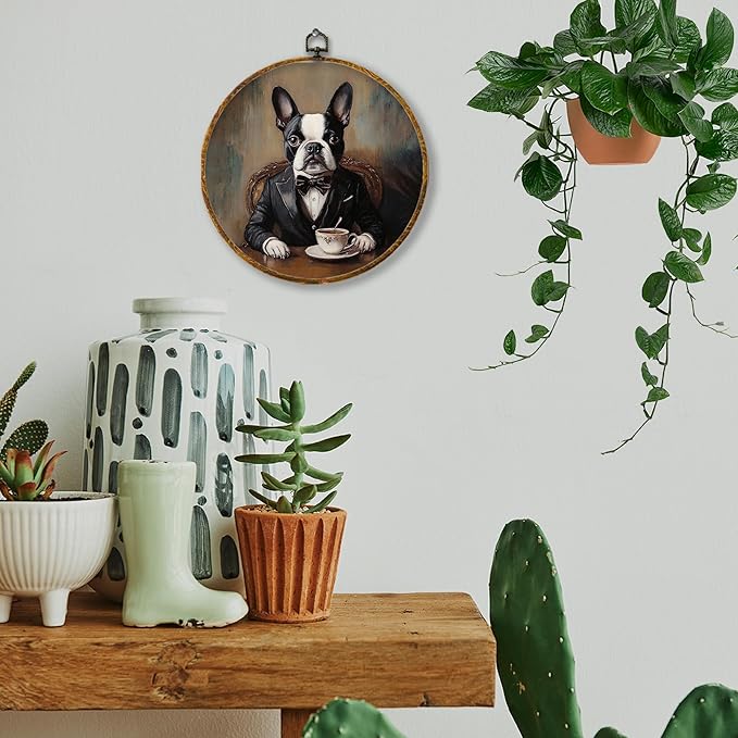 Hiuwevt Vintage Funny Coffee French Bulldog Round Wall Art Decor, Retro Aristocratic French Bulldog Framed Canvas Prints, Pet Round Wall Hanging Decor for Bedroom Home Decorations, 10x10 Inches