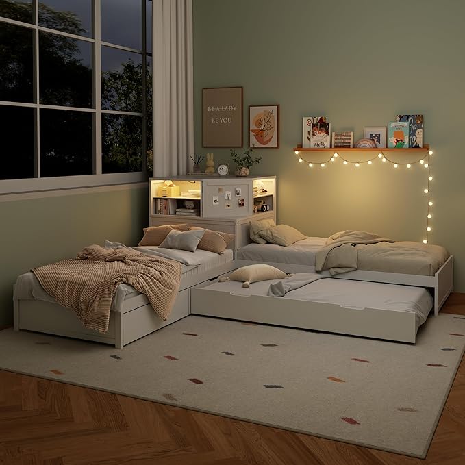 Harper & Bright Designs Twin L-Shaped Corner Bed with Trundle, Double Twin Beds in One, 3-in-1 Platform Bed with Built-in Nightstand and LED Light for 2 Kids
