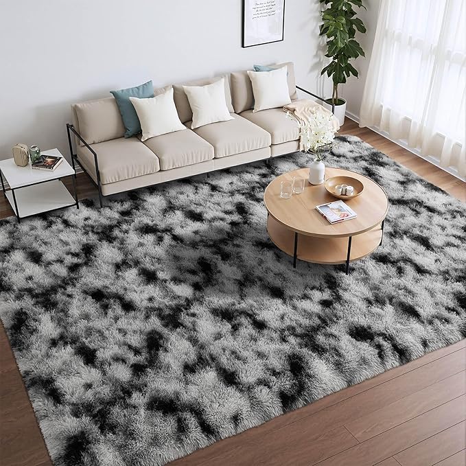 Meralax Tie-Dyed White and Black Rugs for Living Room Bedroom, 5x8 Soft Area Rug Fluffy Shaggy Bedside Rug, Machine Washable Indoor Floor Carpet for Kids Girls Boys, Dorms, Nursery Rooms, Home Decor