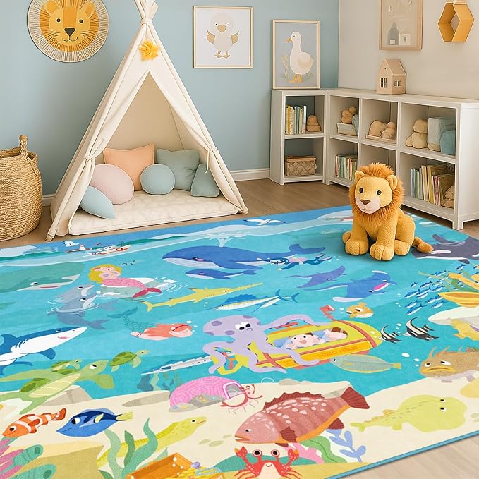 5x7 Ocean Rug for Kids Room – Large Play Mat with Beach Wave Whale & Mermaid, Washable Non Slip Learning Carpet for Toddlers, Bedroom or Playroom Décor