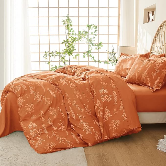 MUXHOMO Duvet Cover King Size, Reversible Floral Caramel Duvet Cover Set with Zipper Closure, 3 Pieces Botanical Patterns Soft Microfiber Bedding Set with 4 Ties (90"x104", 2 Pillow Cases)