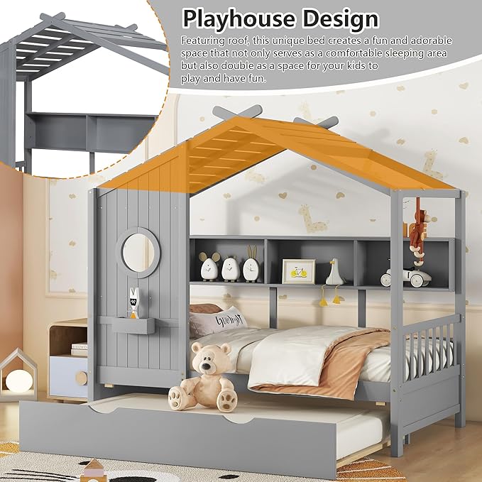 Harper & Bright Designs Twin Size House Bed with Trundle & Storage Shelf, Wood Platform Beds Frame for Kids, Montessori Bed with Roof for Boys, Girls, Safety and Quality Guaranteed, Gray
