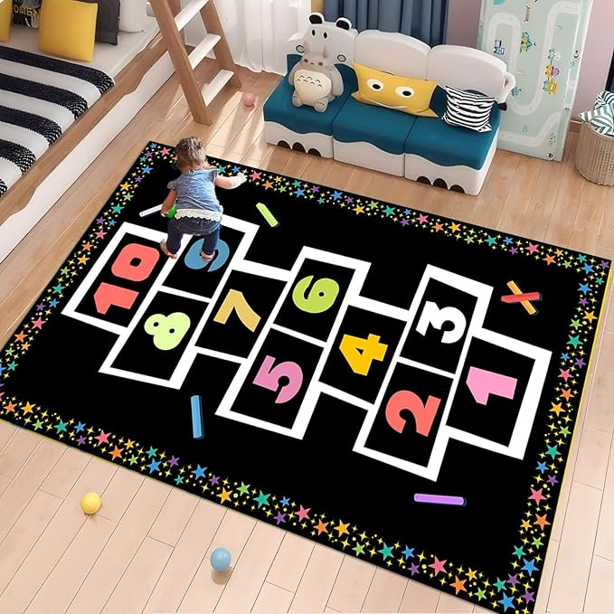 4x5ft Hopscotch Rug for Kids Room Nursery Number Star Pattern Hopscotch Mat Soft Non-Slip Kids Area Rug for Playroom Bedroom Indoor Entrance Washable Floor Mats