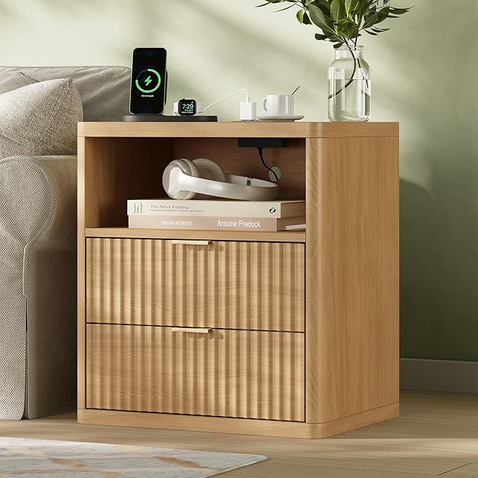 Fluted Nightstand Set of 2 with Charging Station, 21.7" Wide Modern Night Stand with 2 Drawers Open Storage Cabinet, Wooden Bedside End Table for Bedroom, Natural Oak
