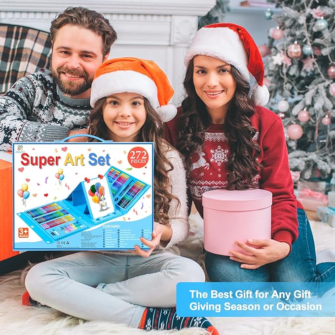 Art Supplies, 272 Pack Art Set Drawing Kit for Girls Boys Teens Artist, Deluxe Gift Art Box with Trifold Easel, Origami Paper, Coloring Book, Drawing Pad, Pastels, Crayons, Pencils, Watercolors(Blue)