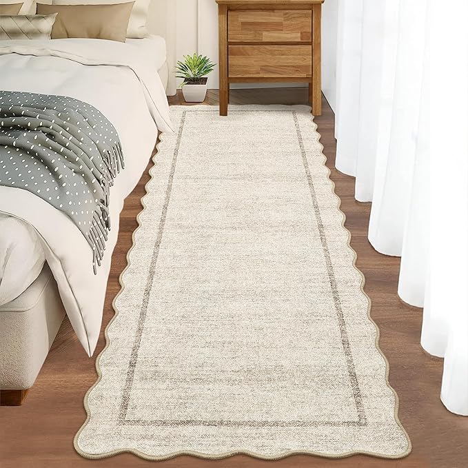 GarveeHome Scalloped Washable Runner Rug 2x6 Non Slip Kitchen Rugs Modern Beige Indoor Entryway Rug Farmhouse Soft Bath Mat Stain Resistant Carpet for Bedroom Hallway Laundry 2 ft x6 ft Beige