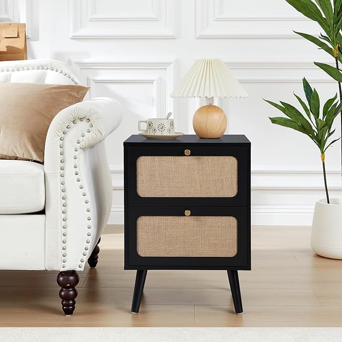 16" Wood Nightstand Set of 2, Farmhouse End Table with 2 Storage Drawer, Modern Bedside Table with Linen Decor, Minimalist Night Stand for Living Room, Bedroom & Small Space (Black)