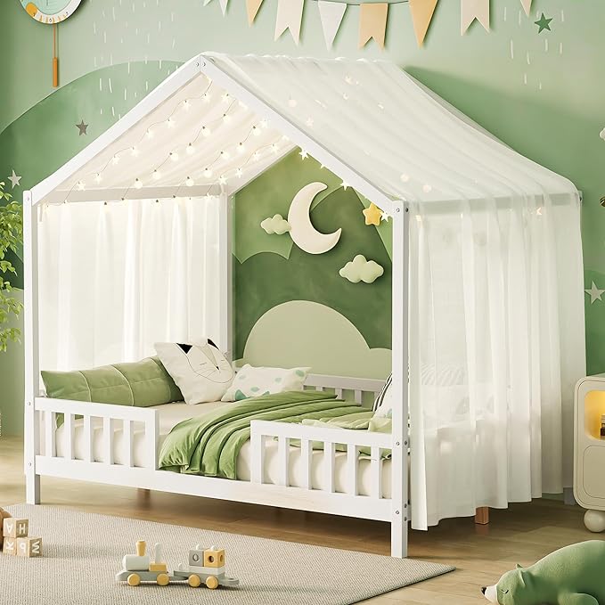 Montessori Floor Bed with Canopy, High Railings and Roof, Full Size Wood House Bed Frame for Kids Bedroom (White/C)
