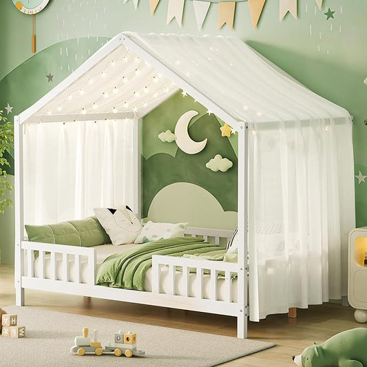 Montessori Floor Bed with Canopy, High Railings and Roof, Full Size Wood House Bed Frame for Kids Bedroom (White/C)