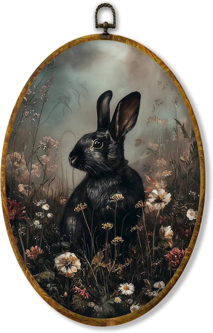 Hiuwevt Vintage Black Bunny Oval Wall Art Decor, Cottagecore Wildflower Bunny Framed Canvas Prints, Moody Rabbit Oval Wall Hanging Decor for Home Bedroom Living Room Decorations, 8.6x11.4 Inches
