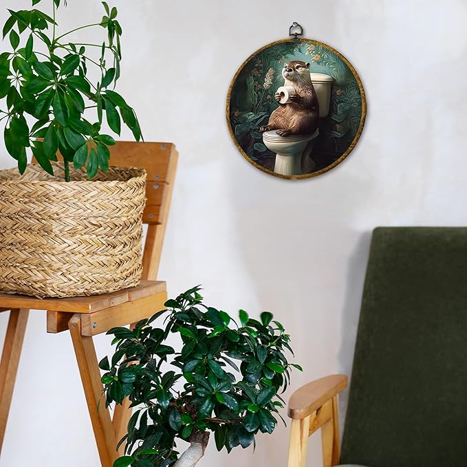 Hiuwevt Otter Toilet Bathroom Round Wall Art Decor, Funny Floral Sea Otter Hanging Canvas Prints Artwork Framed, Vintage Green Botanical Animal Circular Wall Decor for Bathroom, 10x10 Inch