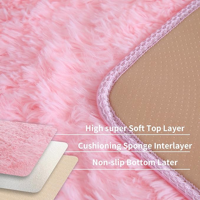 KCHOWUA Pink Fluffy Fuzzy Small Area Rugs for Bedroom Girls,3'x5' Machine Washable Plush Pastel Throw Cute Rug for Living Room,Modern Soft Shag Shaggy Furry Floor Nursery Kids Dorm Room Carpets