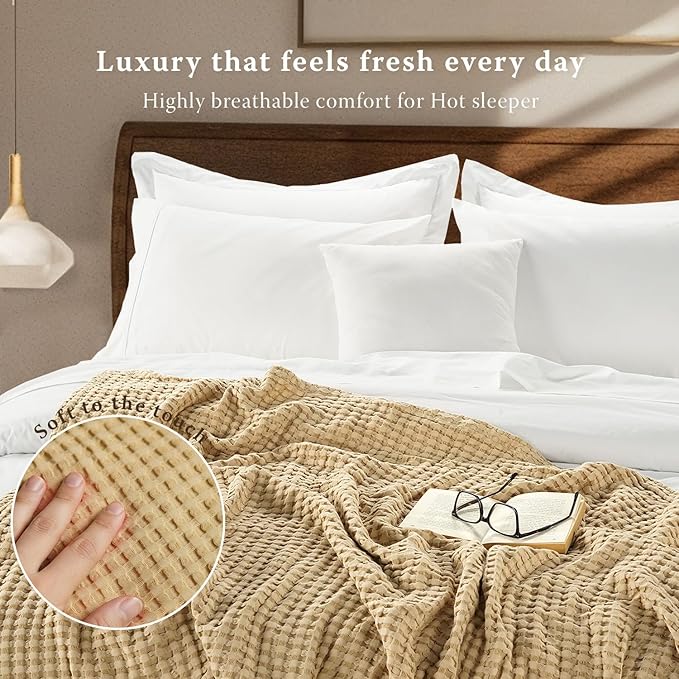 Threadmill Cooling Waffle Blanket King Size | Breathable, Lightweight and Cooling | Made from Rayon Derived from Bamboo | Waffle Throw Blanket for Couch and Sofa | 106 x 92 Inches | Beige