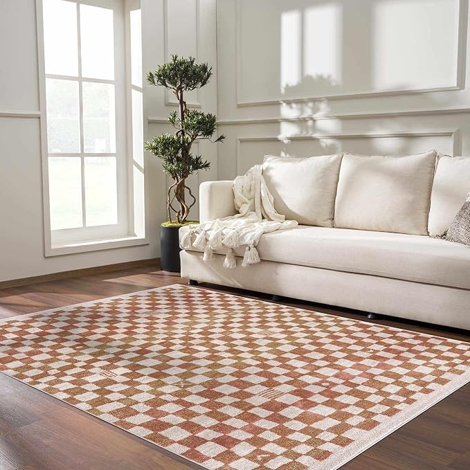 Hauteloom Pertek Modern Checkered Area Rug - Modern Geometric Carpet for Living Room, Kids Room, Nursery - Bohemian Boho Carpet - Cream, Beige, Light Red, Somon - 6'7" x 9'