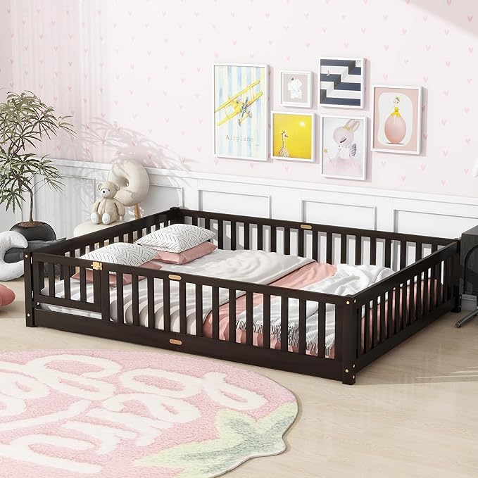 Queen Size Floor Bed for Kids, Wood Montessori Floor Beds with Fence Railings, Door & Slats Support, Queen Playhouse Bed Frame for Boys Girls, No Box Spring Needed, Espresso