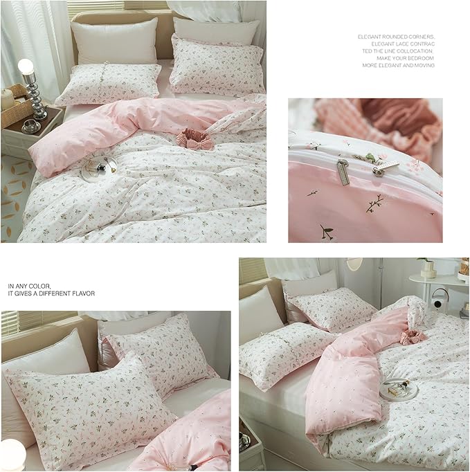 LifeTB Girls Pink Flower Duvet Cover Twin 100% Cotton Blossom Floral Comforter Cover Pink White Flower Pattern Duvet Cover with Zipper Closure Aesthetic Botanical Cottagecore Bedding Set Twin