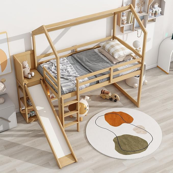 Playful Twin Size Wood House Loft Bed with Slide and Climbing Ramp, Multiple-Function Low Loft Bed Frame with Storage Shelves and Light for Kids Teens Boys Girls Bedroom (Wood-C)