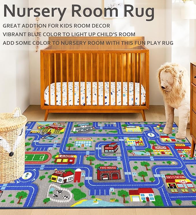 Kids Carpet Playmat Rug 5'2''x3'3'', Kids Rugs for Bedroom, Non-Slip Town City Road Map Car Rugs for Kids Toy Cars, Track Carpet Play Rug for Playroom (Blue)