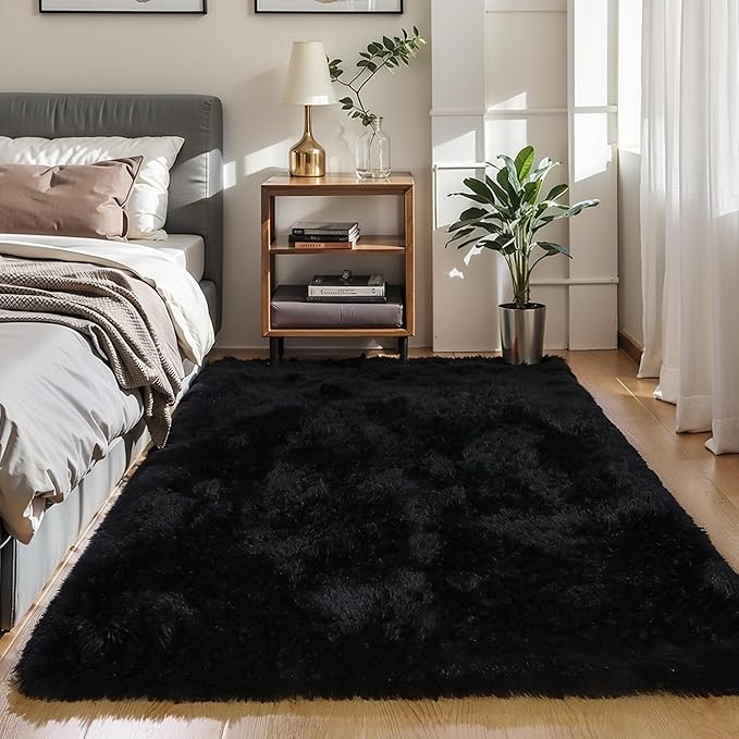 5x8 Black Fluffy Shag Rug for Bedroom, Ultra Soft Plush Fuzzy Washable Non Slip Floor Cozy Carpet, Modern Comfy Furry Shaggy Area Rug for Living Room, Kids Baby Boys Girls Nursery Dorm