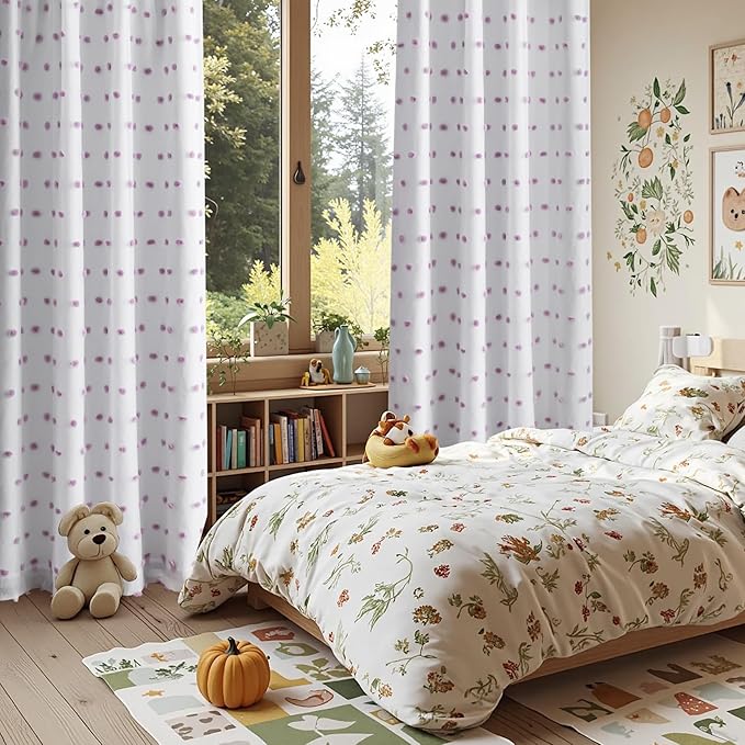 MYSKY HOME 100% Blackout Curtains for Girls Bedroom 84 Inches Long Total Light Blocking Curtains for Living Room 2 Panels Back Tab Room Darkening Window Drapes with Purple Pom Pom Sheer 52W x 84L