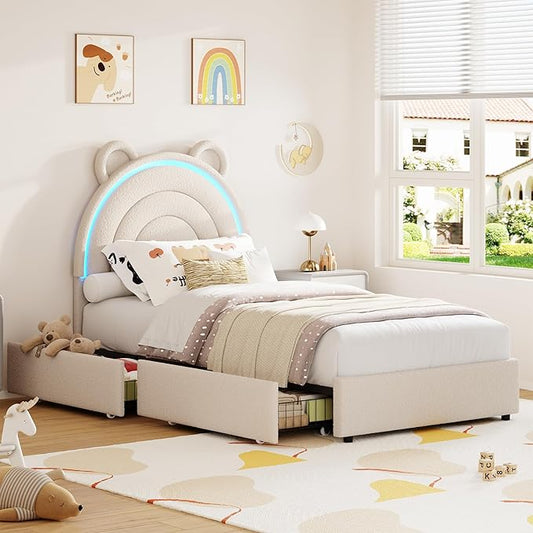 Garvee Twin Size Bed Frame with 2 Storage Drawers & LED Lights, Velvet Upholstered Platform Bed with Rainbow Headboard for Kids/Boys, Solid Wood Slats Support, No Box Spring Needed, Grey