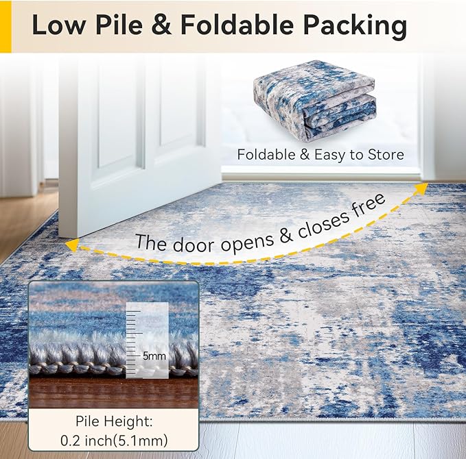 Washable Area Rugs 2'x5' Non-Slip Modern Abstract Soft for Living Room Entryway Bedroom Nursery, Print Pattern, Blue Grey Navy Gray