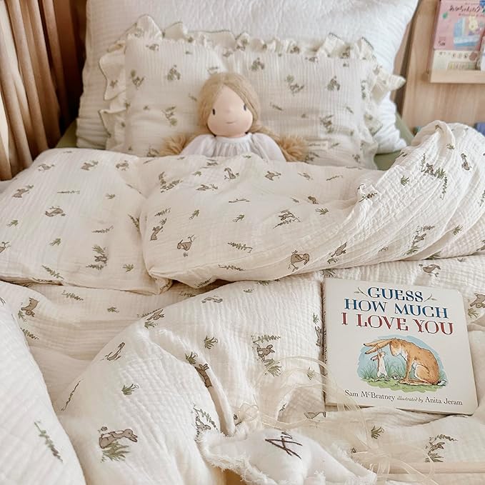 AOJIM Kids Crib Muslin Duvet Cover with Grey Rabbit, 1pc Cotton Baby Toddler Bedding 2-Layer Gauze Comforter Cover 59X79'', Ruffled Design Soft Duvet Protector for Girls Boys, No Quilt or Pillowcases