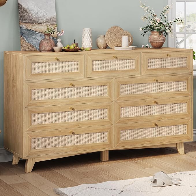 AOGLLATI Rattan Dresser for Bedroom with 9 Drawer, Modern Wooden Long Bedroom Dresser, Chest of Drawers with Metal Handle & Solid Wood Legs for Bedroom/Living Room, Wood