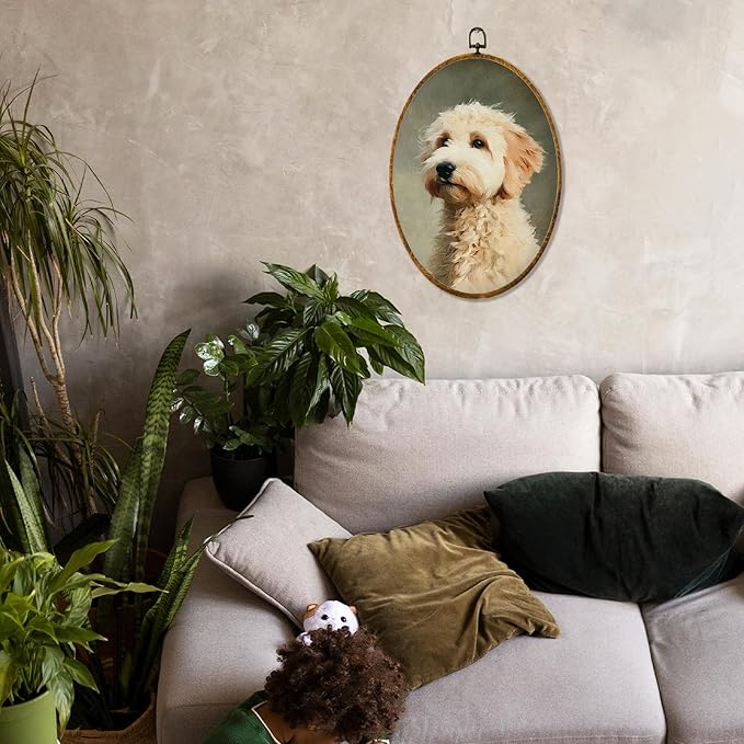 Hiuwevt Vintage Goldendoodle Oval Wall Art Decor, Goldendoodle Gifts for Women Framed Canvas Prints, Rustic Neutral Dog Oval Wall Hanging Decor for Bedroom Living Room Decorations, 8.6x11.4 Inches