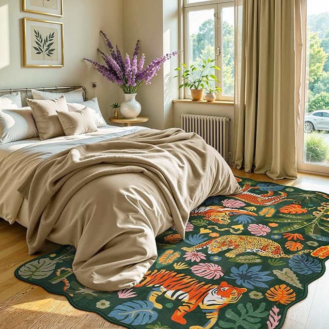 LEEVAN 5x7 Animal Area Rugs Washable Green Tiger Living Room Rugs Non Slip Scalloped Tiger Bedroom Rug Low Pile Leopard Nursery Floor Carpet Jungle Leaf Print Kids Rug