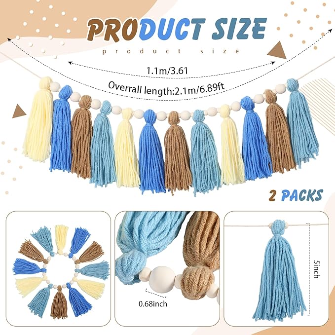 2 Pcs Tassel Garland with Wood Beads, Handmade Cotton Yarn Wall Hanging Banner Boho Tassel Wall Hanging Party Decor for Nursery, Birthday Baby Shower Home Classroom Decoration(Pastel)